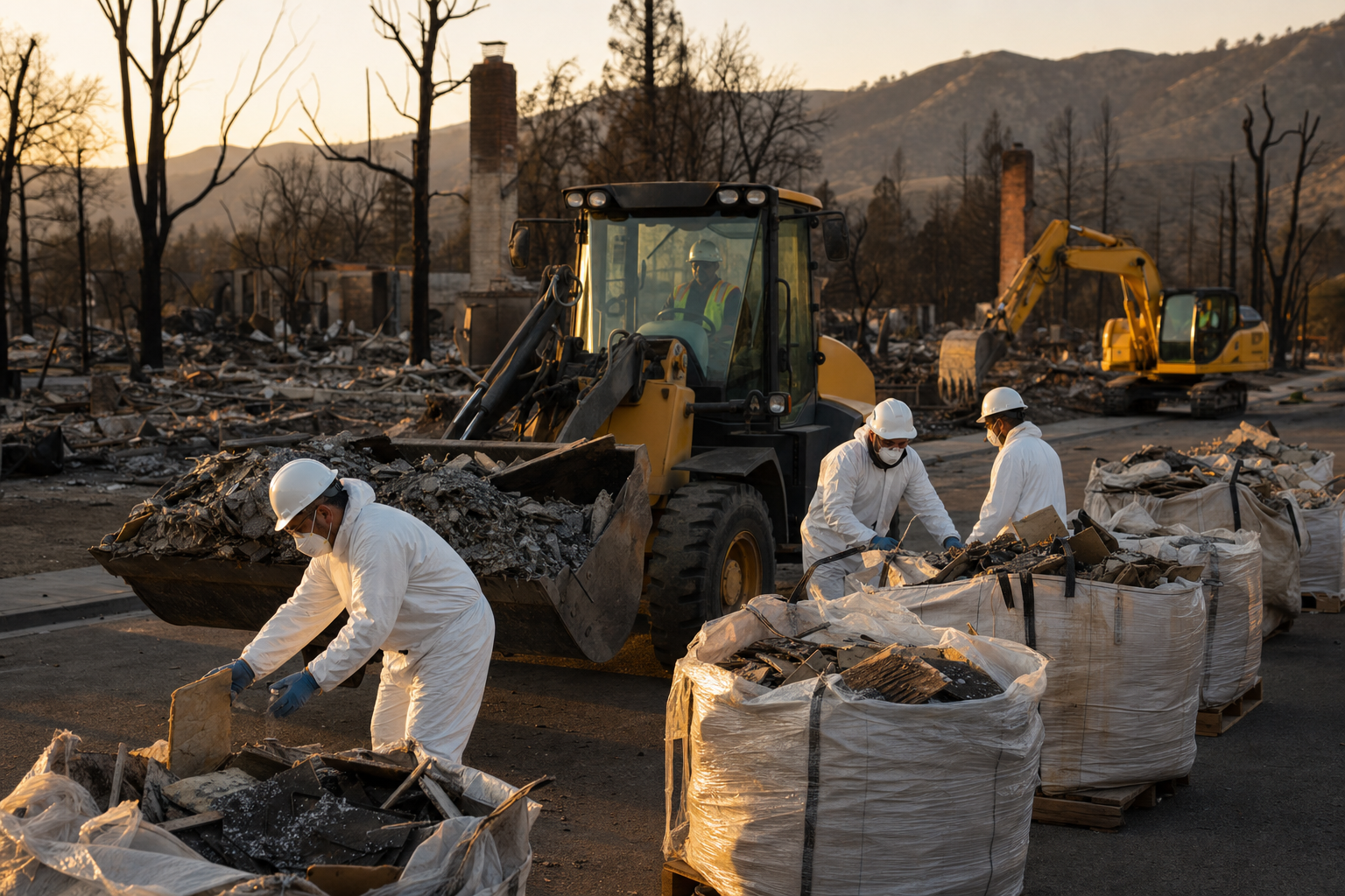 Crews in white protective suits sorting fire debris at a residential disaster cleanup site at sunset.