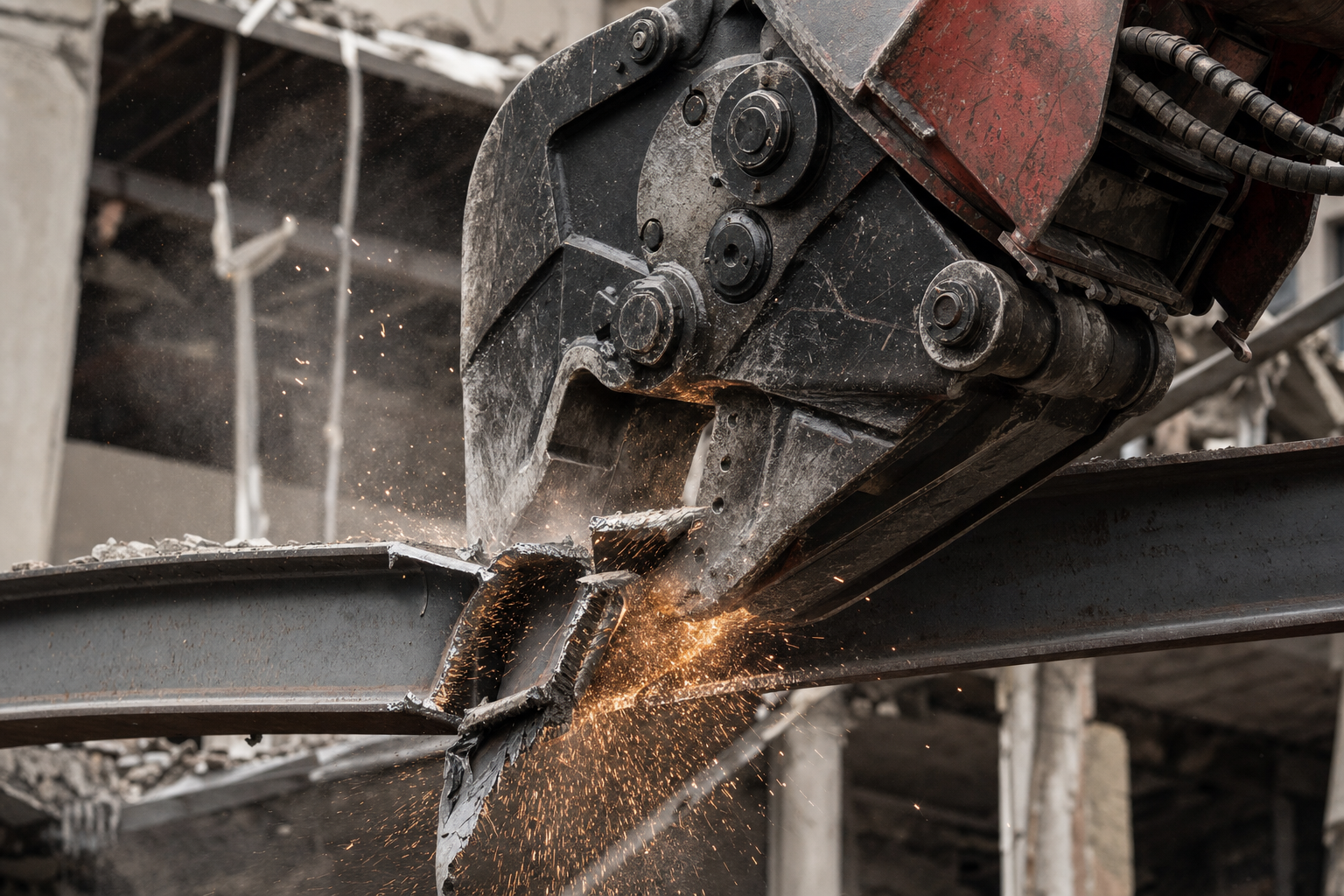 Hydraulic shear cutting through a structural steel I-beam with sparks flying during demolition.