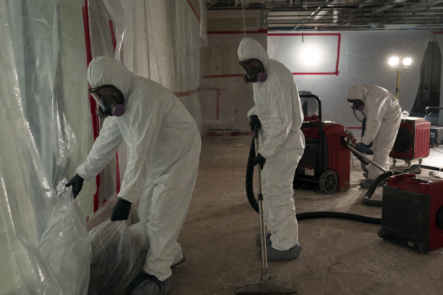 Workers in white Tyvek suits performing asbestos abatement inside a sealed commercial space.