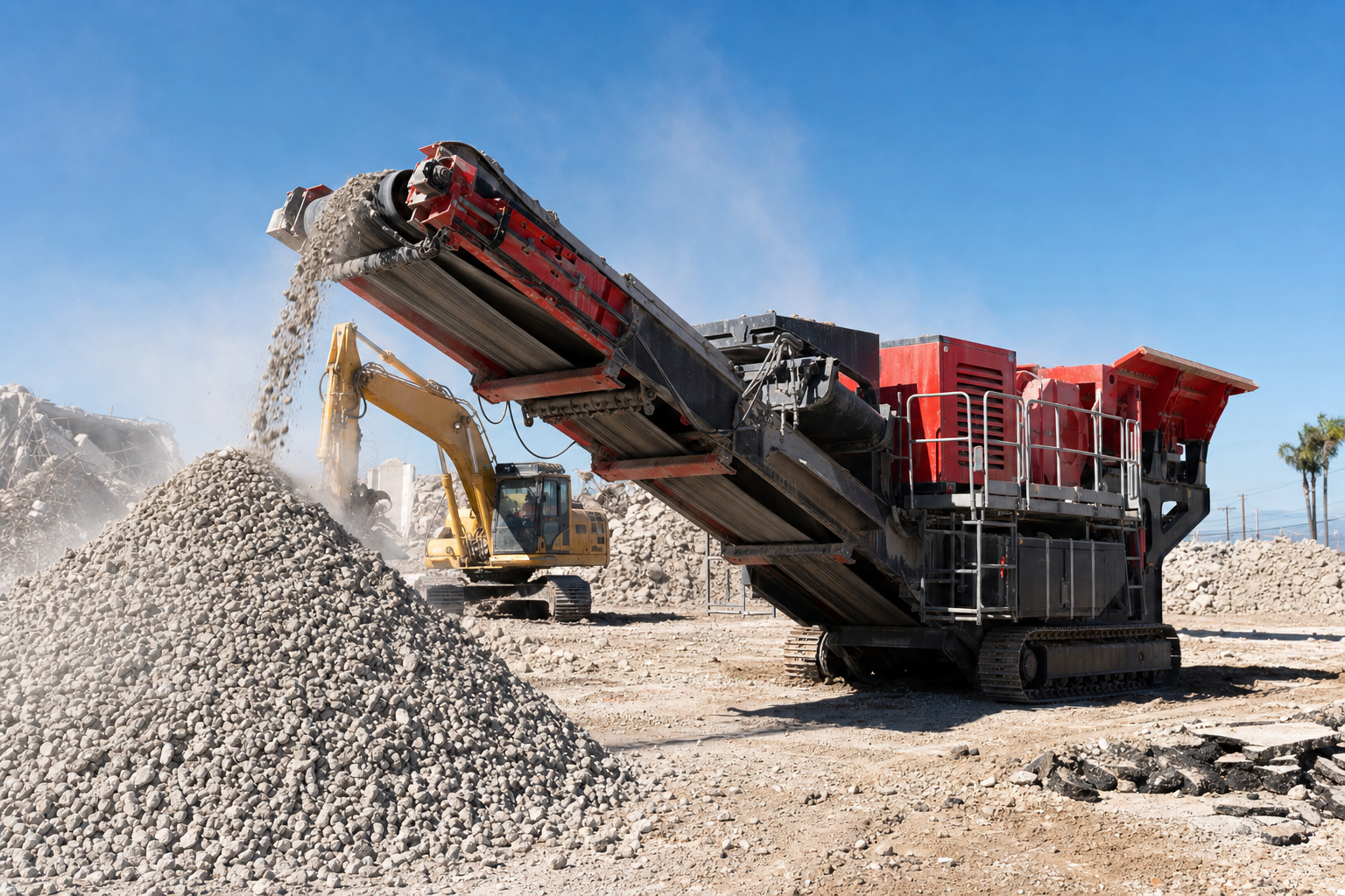 A red hydraulic concrete crusher processing rubble next to a yellow excavator on a Southern California demolition site.
