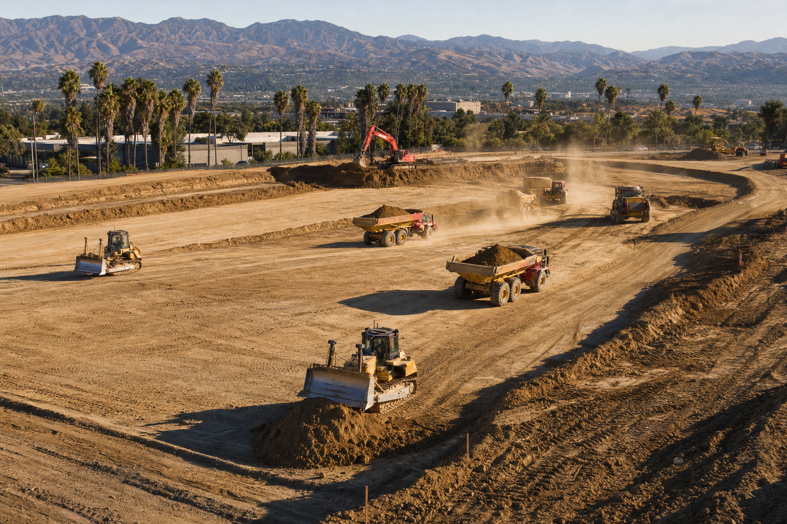Aerial view of bulldozers and articulated dump trucks grading a large earthwork site in Southern California.